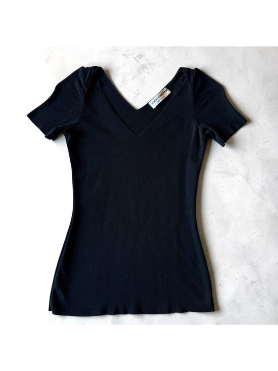 Dolce & Gabbana Tops - Dolce & Gabbana Vintage 90s Stretchy Knit Black V-Neck Short Sleeve Top Classic